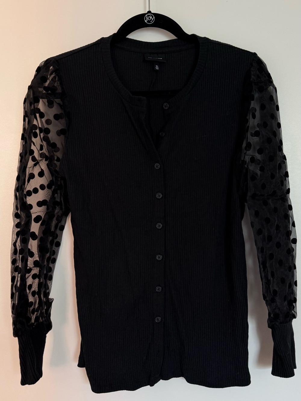 Who What Wear Black Button-Up Sweater with Sheer Polka Dot Sleeves